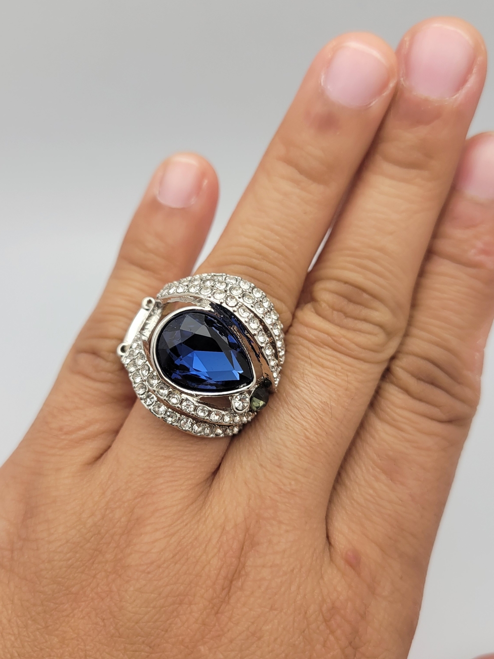 Silver Stretchy Ring with Deep Blue Teardrop Crystal